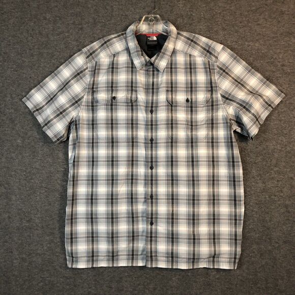 North Face Shirt Mens XL Gray Blue Plaid Pine Knot Woven Short Sleeve - Picture 1 of 9